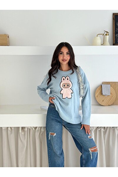 Jeevee Oversized Crew Neck Knit Sweater with Rabbit Figure