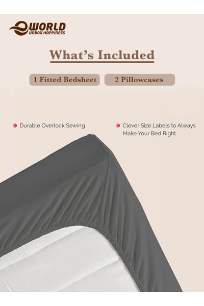 Eworld 3-Piece Black Cotton Fitted Bedsheet Set, Deep-Pocket Queen Sheet & 2 Pillow Covers