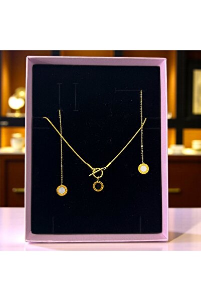velve Elegant Circle Set, stainless steel necklace and round earrings, engraved with Roman numerals, in elegant box, Gold