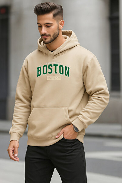DEEPSENCE Unisex Beige Boston Green Logo Hooded Oversized Sweatshirt