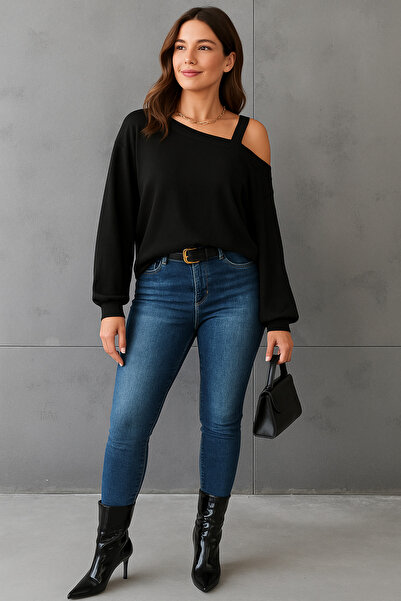 StilVibe Women's One Shoulder Open Black Blouse