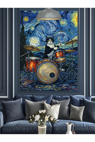 Tablo Mega Van Gogh Temalı Bateri Çalan Kedi Dekoratif Kanvas - Mdf Ahşap Tablo