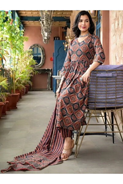 MYSMAR Brown Viscose Cotton Salwar Kameez Dupatta - ALV1460 | Brown