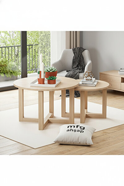 MFG AHŞAP Ikili Doğal Ceviz Ahşap Orta Sehpa 70x70x42