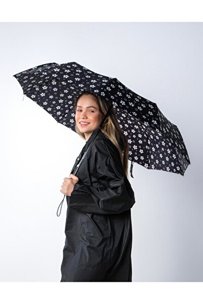 Herşey Nota Siyah Beyaz Çiçekli Şemsiye | Tam Otomatik 10 Fiber Telli Rüzgara...