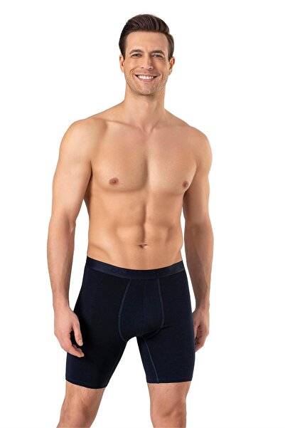OBJE Men's Navy Blue Modal Long Boxers with External Elastic