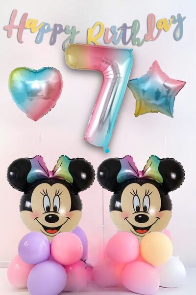PARTİAVM 7 Years Old Minnie Mouse Balloon Set Party Supplies Number Rainbow F...
