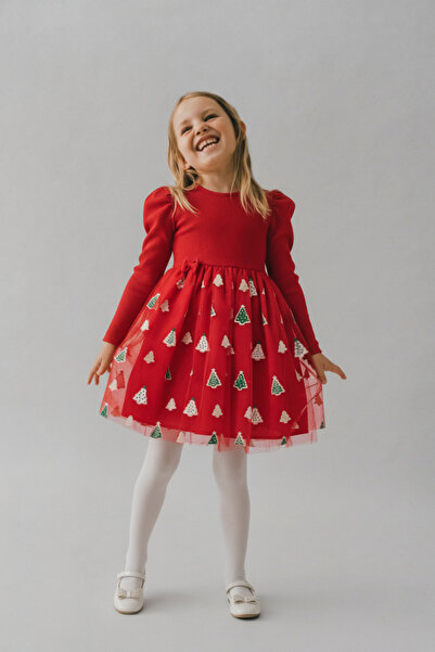 Magu Κοριτσίστικο βαμβακερό κόκκινο φόρεμα από τούλι με σχέδιο χριστουγεννιάτικου δέντρου - Πρωτοχρονιάτικο φόρεμα με μανίκια μπαλόνι