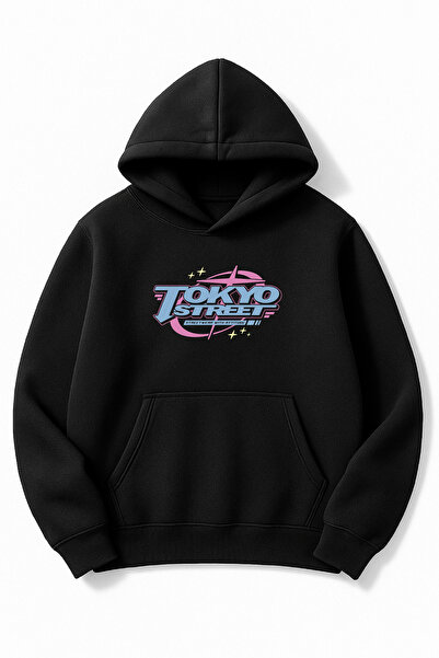 Altair Tr سويت شيرت أسود قصة فضفاضة للجنسين من طوكيو ستريت مطبوع بغطاء رأس