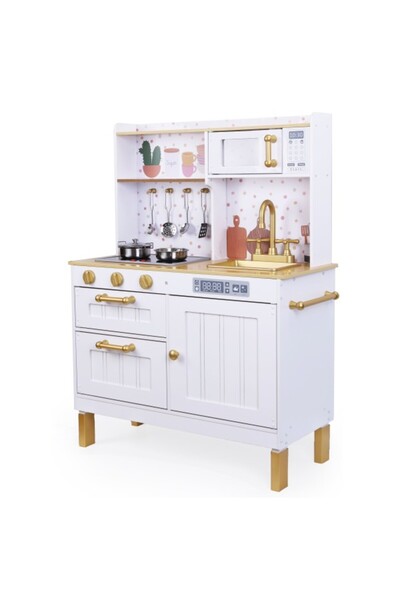 Moni Toys Bucătărie lemn copii cu lumini, chiuvetă și accesorii de gătit, 3+ ani