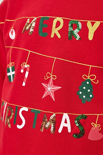 Magu Girl's Cotton Red New Year Themed Tulle Dress - Merry Christmas Printed