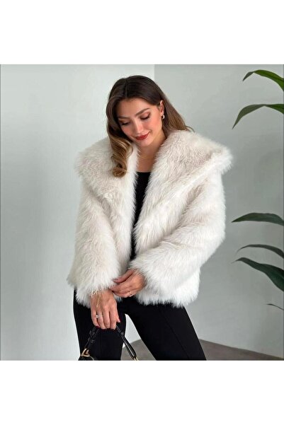 REMİS Şal Yaka Beyaz Peluş Kürk
