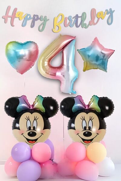 PARTİAVM 4 Years Old Minnie Mouse Balloon Set Party Supplies Number Rainbow F...