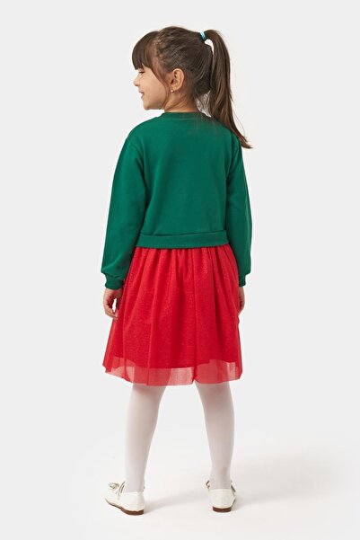 Magu Girl's Cotton Green Top Red Tulle New Year Themed Dress - Merry Christmas Printed