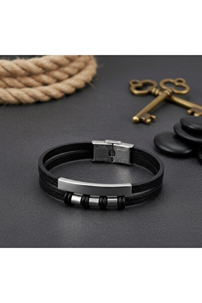 Kaan Accessoire Men's Steel Plate Leather Bracelet - Modern and Charismatic S...