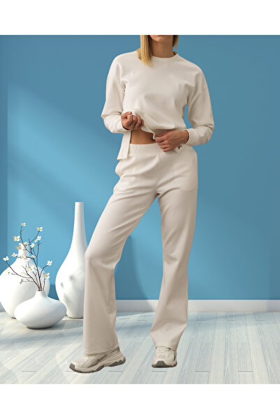 MinervaXint Women's Off-White Stretchy Cotton Textured Regular Fit Sweat Pants with Side Pockets