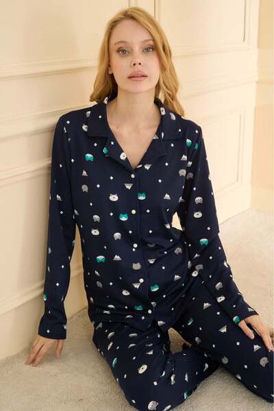 Mihra 19103R556 Піжама з котячим принтом і ґудзиками спереду