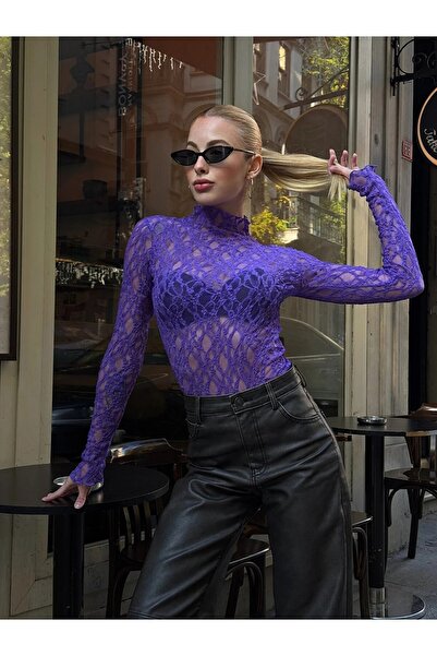 MAMAYAGA Women's Half Turtleneck Full Stretchy Lace Wraparound Sports Stylish Design Night Blouse