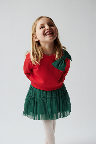 Magu Girl's Cotton Red Bow Sweatshirt with Green Tulle Skirt Set - Stylish and Comfortable Combination