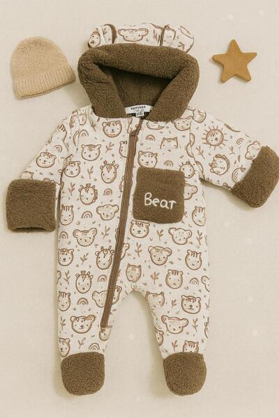 ZERA KIDS Yeni Sezon Sevimli Ayı Figürlü Fermuarlı, Kapüşonlu İç Astarı Kürkl...