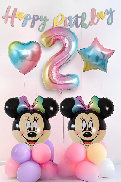 PARTİAVM 2 Yaş Minnie Mouse Balon Seti Parti Malzemeleri Rakamlı Gökkuşağı Fo...