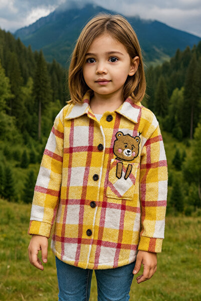 SANTRALBEBE Girl's Teddy Bear Embroidered Lumberjack Shirt