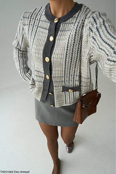 CADDELAMODA Women's Gold Buttoned Cardigan