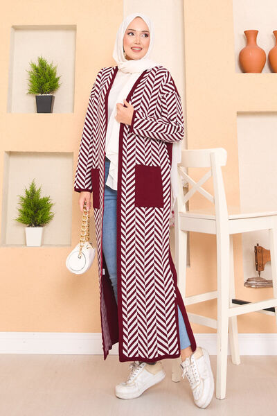 EBRUTESETTÜR Pocket Detailed Zigzag Striped Hijab Knitwear Cardigan Burgundy