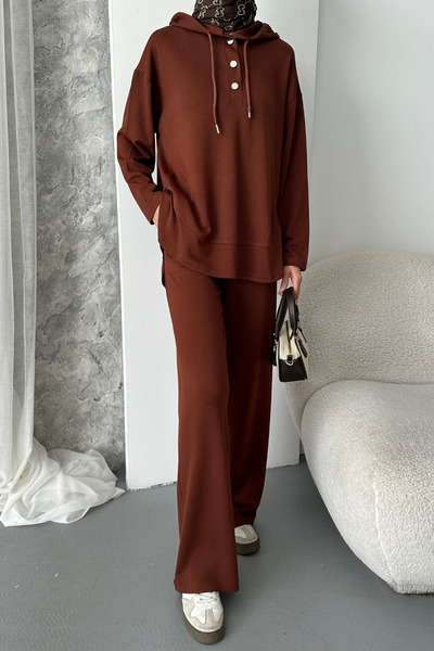 Mogi Butik Γυναικείο Σετ Μοντέρνο Υφασμάτινο Σετ με Κουμπωτά με κουκούλα oversized Τσέττιρ 3107