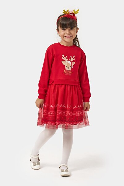 Magu Kız Çocuk Pamuklu Kırmızı Geyik Desenli Tüllü Elbise - Yılbaşı Konseptli Oh Deer Baskılı