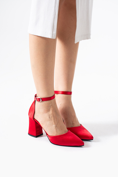 YARENAY Kırmızı Saten Kalın Abiye Ayakkabı