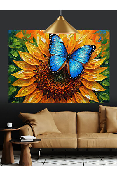 Artmeg Pânză decorativă cu fluture albastru și floarea-soarelui - Tablou din ...