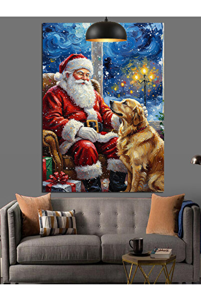karizmart Yılbaşı Kıyafetli Sakallı Noel Baba Ve Köpek Dekoratif Kanvas - Mdf Ahşap Tablo