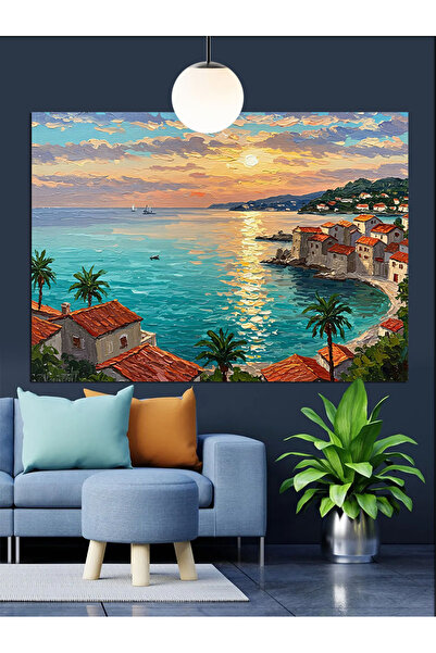 Artmeg Pânză decorativă cu apus de soare din orașul de pe coasta Mării Medite...