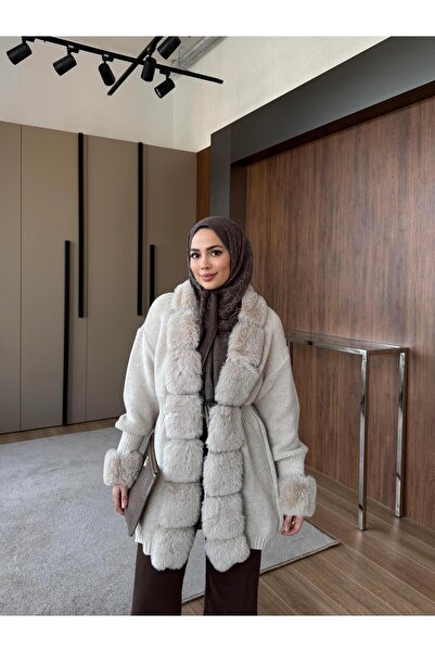 QALVE Kürk Detaylı Hırka Krem