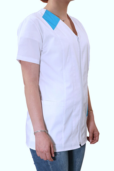 AVD SAFETY Medical blouse, Women's medical gown, White medical tunic with blue detail