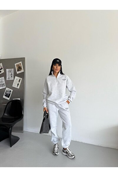 My Loore Women's Gray Half Zip Sweatshirt and Sweatpants Set