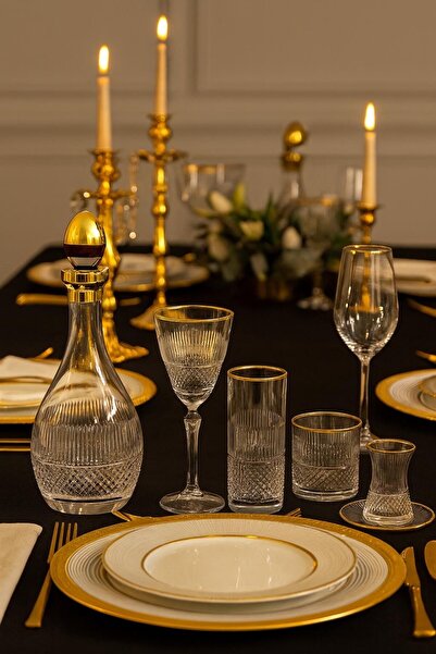 Mirano Cam Tasarım AURELİNE GOLD DEKOR (KESME EL İŞİ) 61 PARÇA 12 KİŞİLİK ÇEYİZ SOFRA- BARDAK SETİ