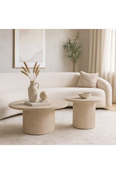 Vi Markets Beige wood round table set with wooden base - 2 pieces