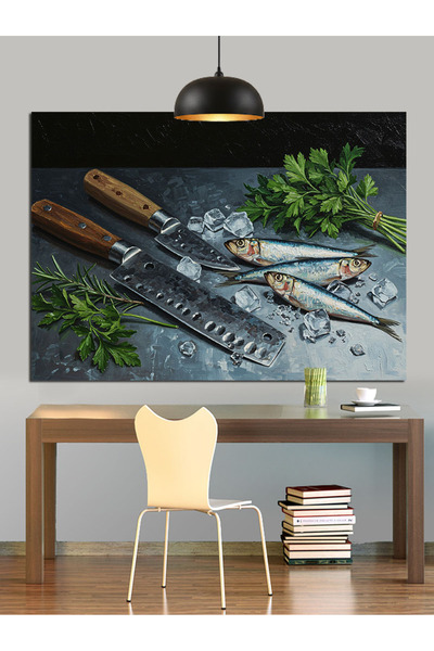Artmeg Cuțite de bucătărie metalice pe masă Pânză decorativă - Tablou din lem...