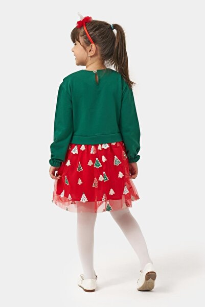 Magu Girl's Cotton Green Bow Long Sleeve Red Tree Patterned Tulle Dress - New Year Concept