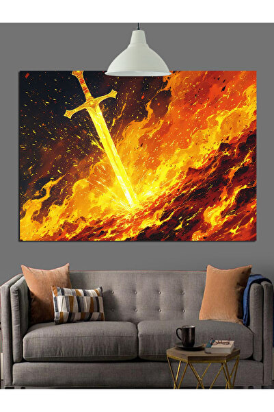 KanvasSepeti Sword Flame Fire Pictură în ulei de înaltă calitate texturat Can...
