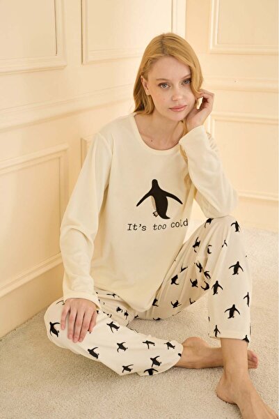 Mihra 13313R1418 طقم بيجامة مخملية بنمط البطريق