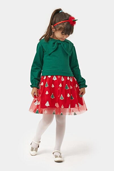 Magu Girl's Cotton Green Bow Long Sleeve Red Tree Patterned Tulle Dress - New Year Concept