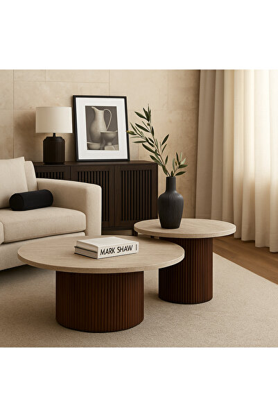 Vi Markets طقم طاولات دائرية بيج خشب بقاعدة خشبية- 2 قطعة