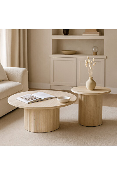 Vi Markets Beige wood round table set with wooden base - 2 pieces