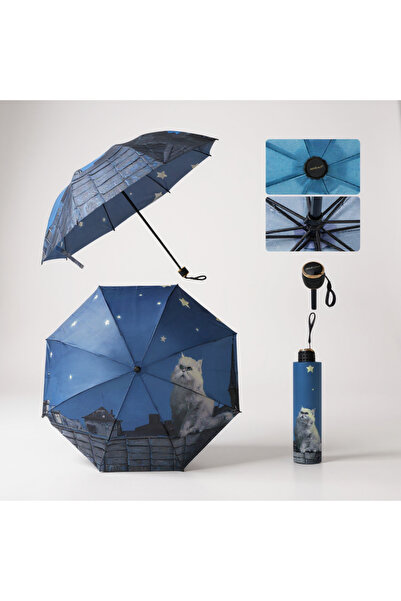 VANCKEY Kadın Şemsiyesi Gökyüzü Ve Beyaz Kedi Şemsiye 8 Telli Rüzgara Dayanıklı Manuel Şemsiye