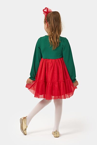 Magu Kız Çocuk Pamuklu Yeşil Kalpli Uzun Kollu Tüllü Kırmızı Etekli Elbise - Yılbaşı Konseptli