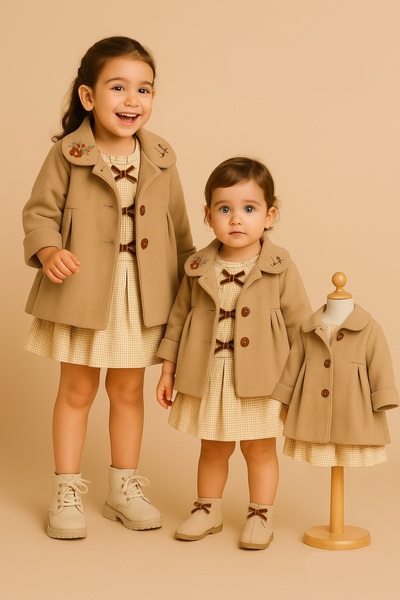 PARK BEBE طقم معطف للفتيات مكون من قطعتين مع تفاصيل مطرزة ونمط منقوش