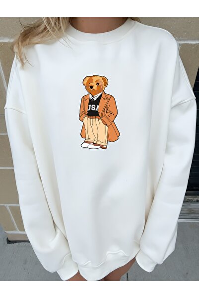 Jose Clothing Φούτερ από οργανικό βαμβάκι σε λευκό χρώμα Teddy Bear με τύπωμα oversized